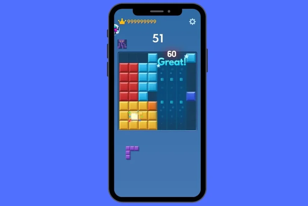 Block Blast Solver – Free Online Puzzle Solver Tool 3 Block Blast mobile game showing score of 51 with Great achievement and 999999999 coins display