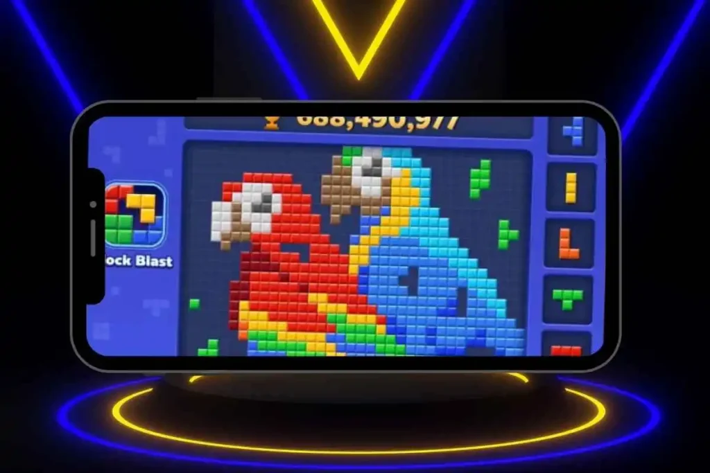 Block Blast Mod APK gameplay showing unlimited hints and power-ups on Android