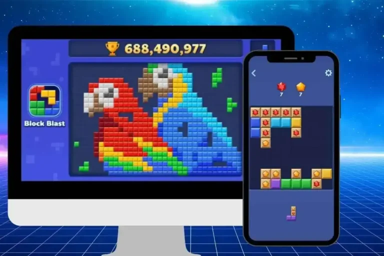 Block Blast mod menu interface showing unlimited coins and gems features on mobile screen