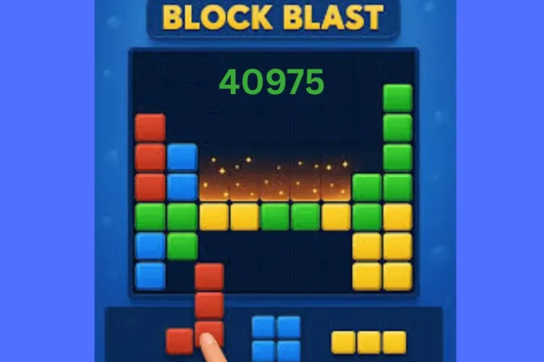 Block Blast high score achievement screen displaying 40,975 points personal best record with unlimited score mod features