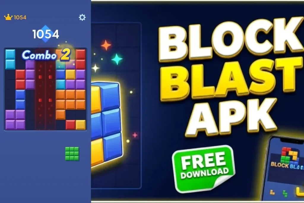 Block Blast gameplay showing multiple simultaneous line clears creating a combo on 8x8 grid