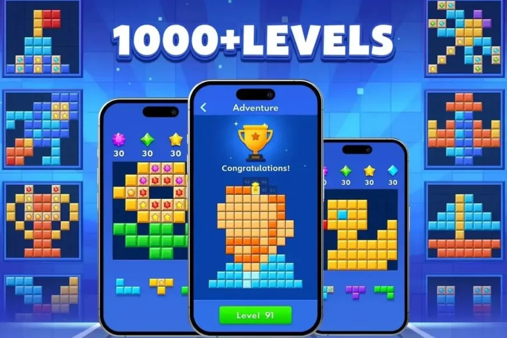 Block Blast Mod APK mod menu showing unlimited revive and score multiplier toggle switches